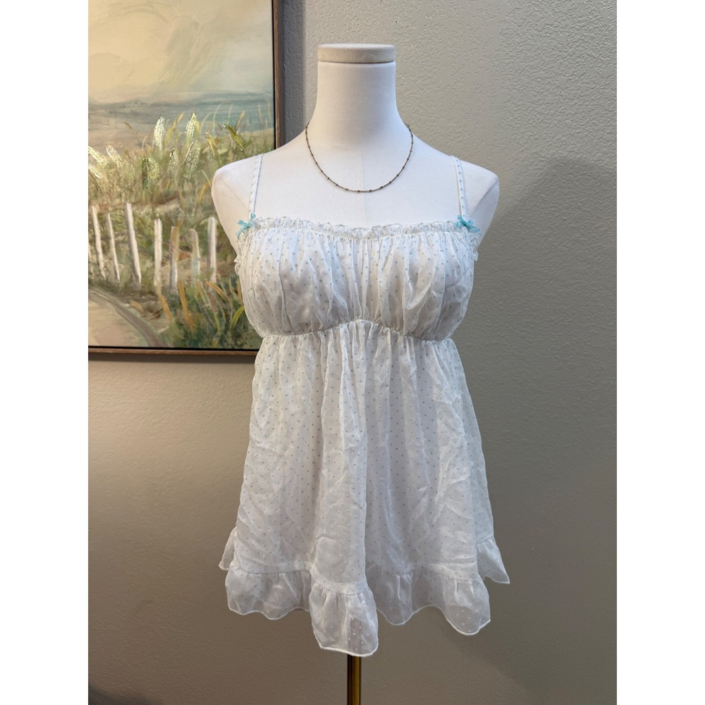 Victoria's Secret I Do White Blue Polka Dot Ruffle‎ Babydoll Top Medium